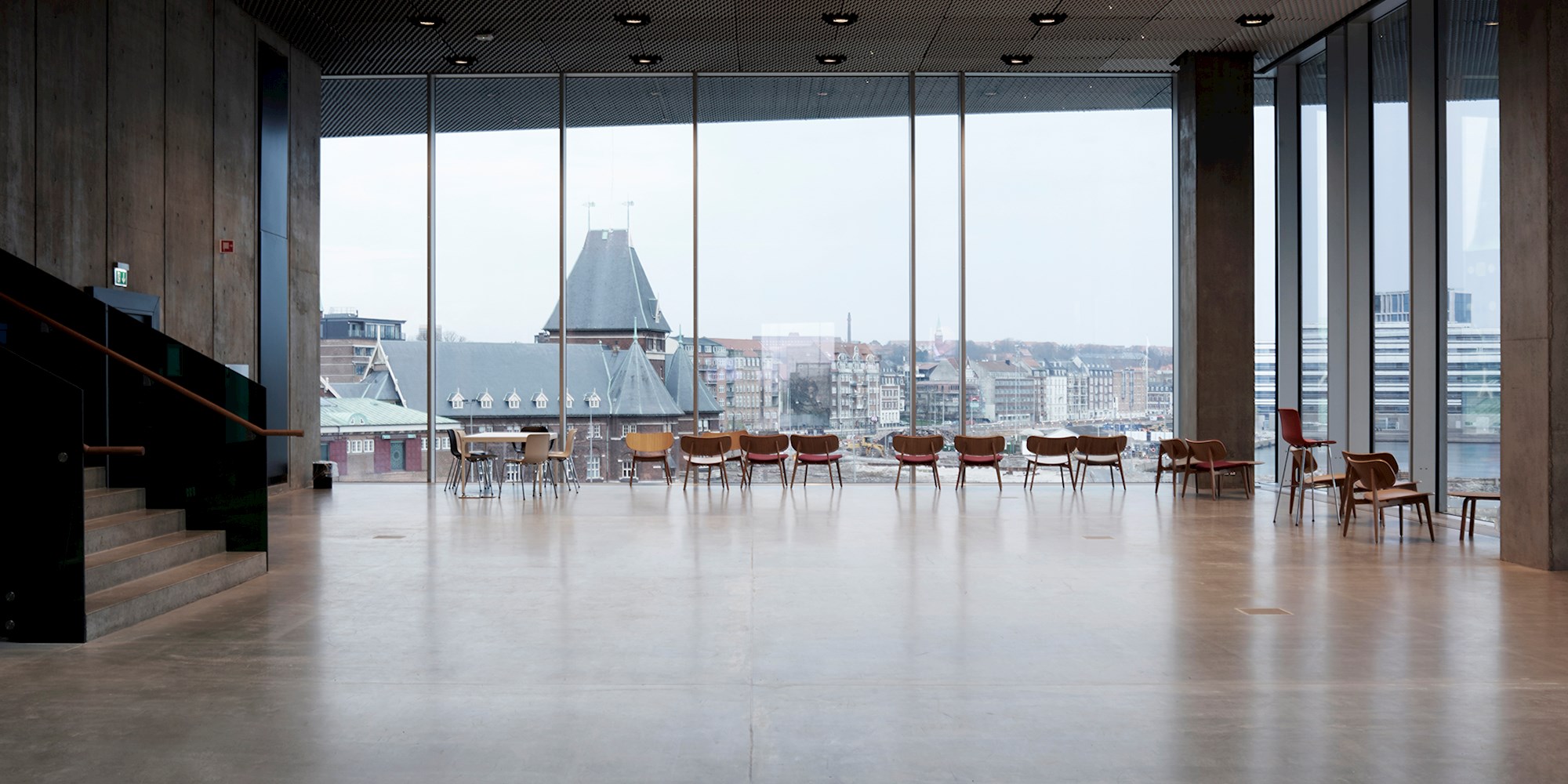 Building with big windows seen from the inside